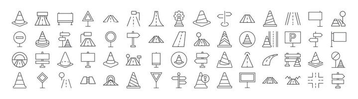 Pack of Road, Path, Traffic Cone Related Line Icons. Outline Signs for Graphic and Web Design, Apps, Adverts, Various Cards vector