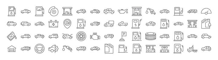 Set of Car, Gas Station, Road Related Line Icons. Outline Signs for Graphic and Web Design, Apps, Adverts, Various Cards vector