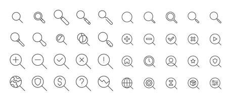 Collection of Magnifying Glass Related Line Icons. Outline Signs for Graphic and Web Design, Apps, Adverts, Various Cards vector
