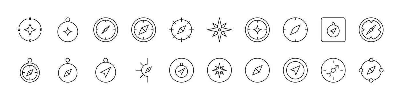 Travel and Journey Related Line Icon Set. Compass Outline Signs for Graphic and Web Design, Apps, Adverts, Various Cards vector
