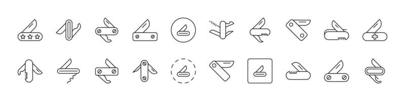 Pack of Camping Related Line Icons. Folding Knife Outline Signs for Graphic and Web Design, Apps, Adverts, Various Cards vector