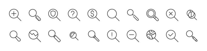 Magnifying Glass Line Icon Pack. Minimalistic Linear Pictogram for Web and Graphic Design, Apps, Banners, Social Network and Cards vector