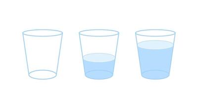 Glasses of water with different measure full, half full, empty glass set. Different levels of water. illustration vector