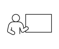 Speaker leads lesson training at blackboard. Teacher, orator speech information with presentation. Line illustration vector