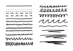 Different line, scribble doodle underline emphasis set. Hand drawn sketch highlight element in simple doodle drawing style. Decorative scribble line, dotted line, curve, loop illustration vector