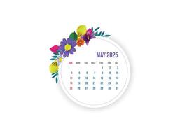 May 2025. Flower monthly calendar template 2025 year in simple style for template design. Week starts from Sunday. vector