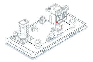 Online scooter delivery service, fast, mobile-tracked parcel delivery for e-commerce, with GPS-guided riders. vector