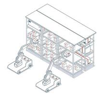 Autonomous robotic arm handling cardboard boxes in warehouse operations. vector