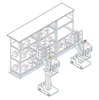 Warehouse worker uses an order picker forklift to load cardboard boxes onto shelves vector