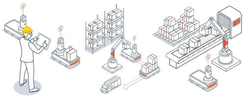 Isometric illustration of a warehouse automation system. A variety of automated guided vehicles AGVs and robotic arms. vector