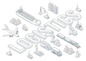 Global logistics network. 3D isometric scenes showing export-import vector