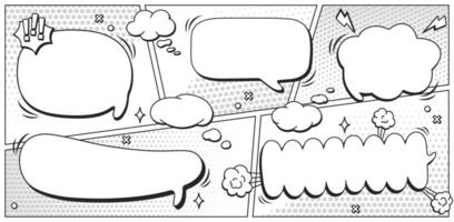Pack with black and white speech bubbles without text and halftone elements groovy shape pattern. vector