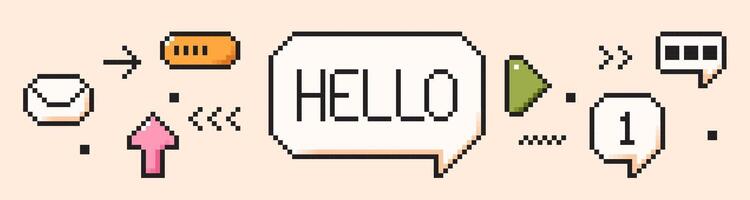 8 bit retro style icons.. Pixel game art elements. Speech bubble Hello like battery arrow message. vector