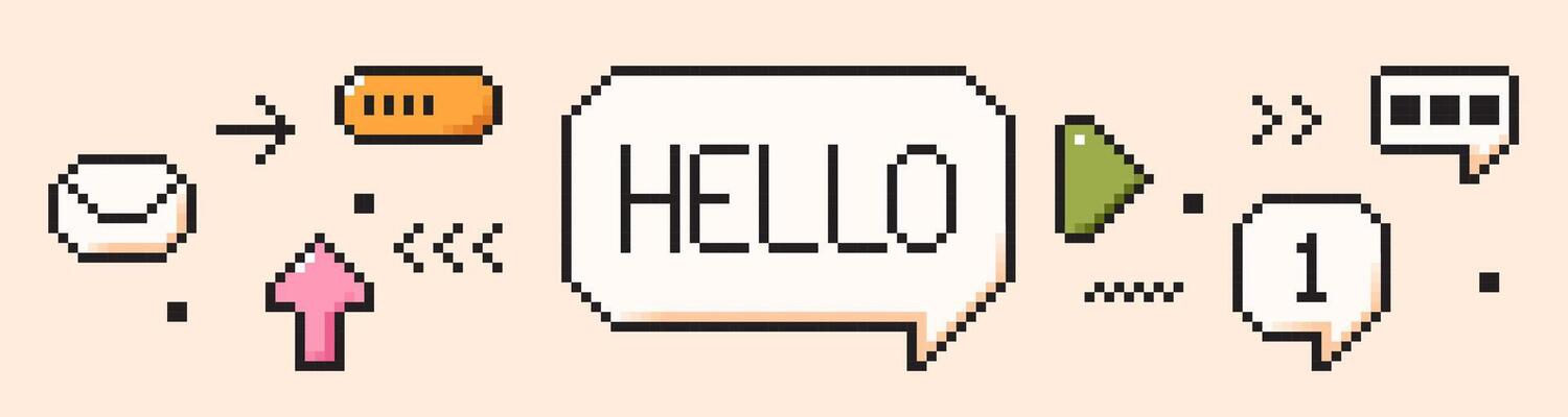 8 bit retro style icons.. Pixel game art elements. Speech bubble Hello like battery arrow message.