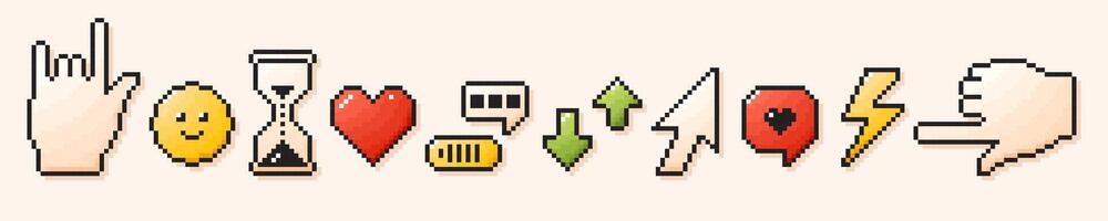Pixel game art Y2K elements. 8 bit retro style user interface icons. Hourglass smile message cursor arrow. vector