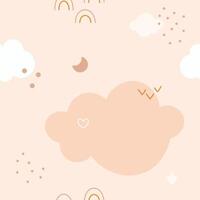 Boho baby seamless pattern with simple cute cloud rainbows moon heart dots. vector