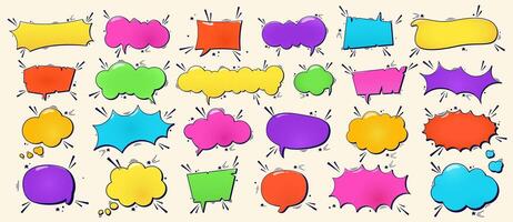 Big collection of empty color comic speech bubbles halftone dot elements. vector