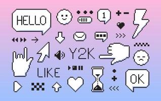 Pixel game art Y2K elements. 8 bit retro style user interface icons. Speech bubble smile message cursor arrow. vector