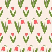 Seamless pattern with random tulip flowers on a beige background. Cute floral minimal print vector