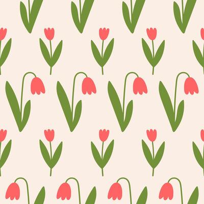 Seamless pattern with random tulip flowers on a beige background. Cute floral minimal print