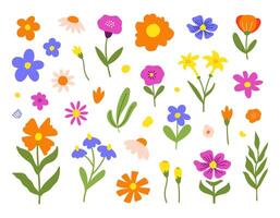 Floral set cute botanical elements on a white background. Spring and summer groovy flowers, leaves, branches vector