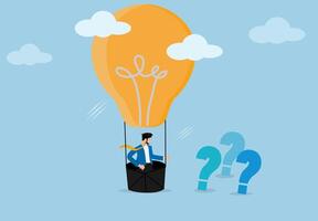 Creative Business Innovation and Problem Solving Concept. Hot Air Balloon with Light Bulb Idea Representing Leadership, Decision Making, and Overcoming Challenges. vector