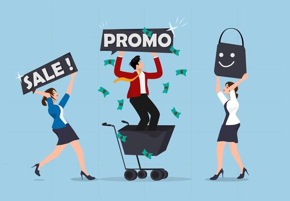 Excited Shoppers Running Towards Big Discounts and Promotions with a Businessman Holding a Promo Sign in an E-commerce Shopping Concept.