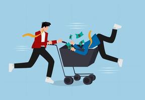 Teamwork and Financial Success. Business Partners Running Towards Wealth, Investment, and Economic Growth with Money Falling, Representing E-Commerce, Cryptocurrency, and Smart Financial Strategies. vector