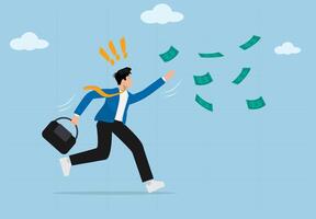 Stressed businessman running and chasing flying dollar bills in a desperate attempt to catch financial opportunities and wealth. vector