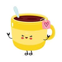 A cute yellow Yellow Tea Cup character is doing rock and roll hands while smiling and drinking tea. vector
