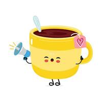 A happy Yellow Tea Cup character is using a megaphone to share an important announcement. vector