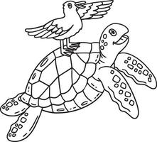 Seagull on Top of a Turtle Isolated Coloring Page vector
