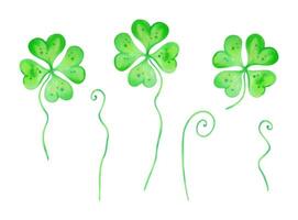 Set of quatrefoil clovers for good luck on St. Patrick's Day. Watercolor and marker illustrations. Hand drawn isolated sketch. Clipart of botanical spring petal for the holiday, lucky clover talisman vector