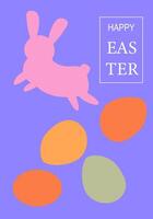 Happy easter card with pink bunny and colorful eggs on purple background vector