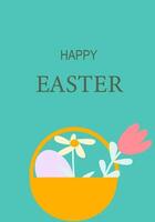 Colorful easter greeting card design with festive basket and flowers vector