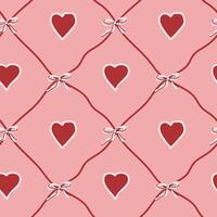 Red and pink heart pattern with ribbons on diagonal grid vector
