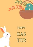 Happy easter card with rabbit and basket of festive eggs vector