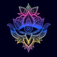 All seeing eye in doodle style on black background.Mystical eye.Gradient colors. vector