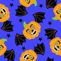 Seamless pattern withpumpkins with bat wings on violet background. vector