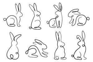 Single line bunnies. Collection of continuous line drawn rabbits. Cute adorable line art bunnies sketches with black thin line. vector