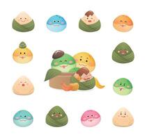 Snake and glutinous rice mascots for the Dragon Boat Festival, a collection of avatars with various playful expressions vector