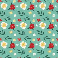 Seamless floral pattern with red, yellow and white flowers on a green background vector