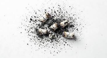 Crushed Cigarette Butts Ash Scattered White Background end grey life quit stop dark mess dust grit photo