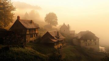 A serene landscape featuring misty houses in a foggy environment. photo