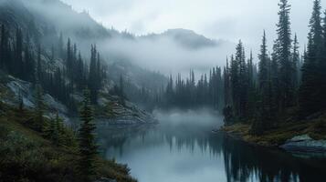 A serene misty lake surrounded by towering pine trees and rugged mountains. photo