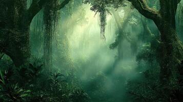 A serene jungle scene with soft light filtering through dense foliage. photo
