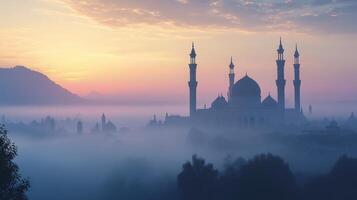 A serene mosque silhouette amidst fog and dawn light, evoking tranquility and spirituality. photo