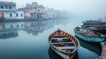 A serene morning scene with boats on a misty river, reflecting quiet surroundings. photo