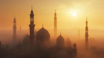 A serene sunrise over a cityscape featuring domes and minarets, shrouded in mist photo