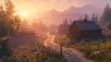 A serene landscape at sunrise featuring rustic cabins and a winding path through nature. photo